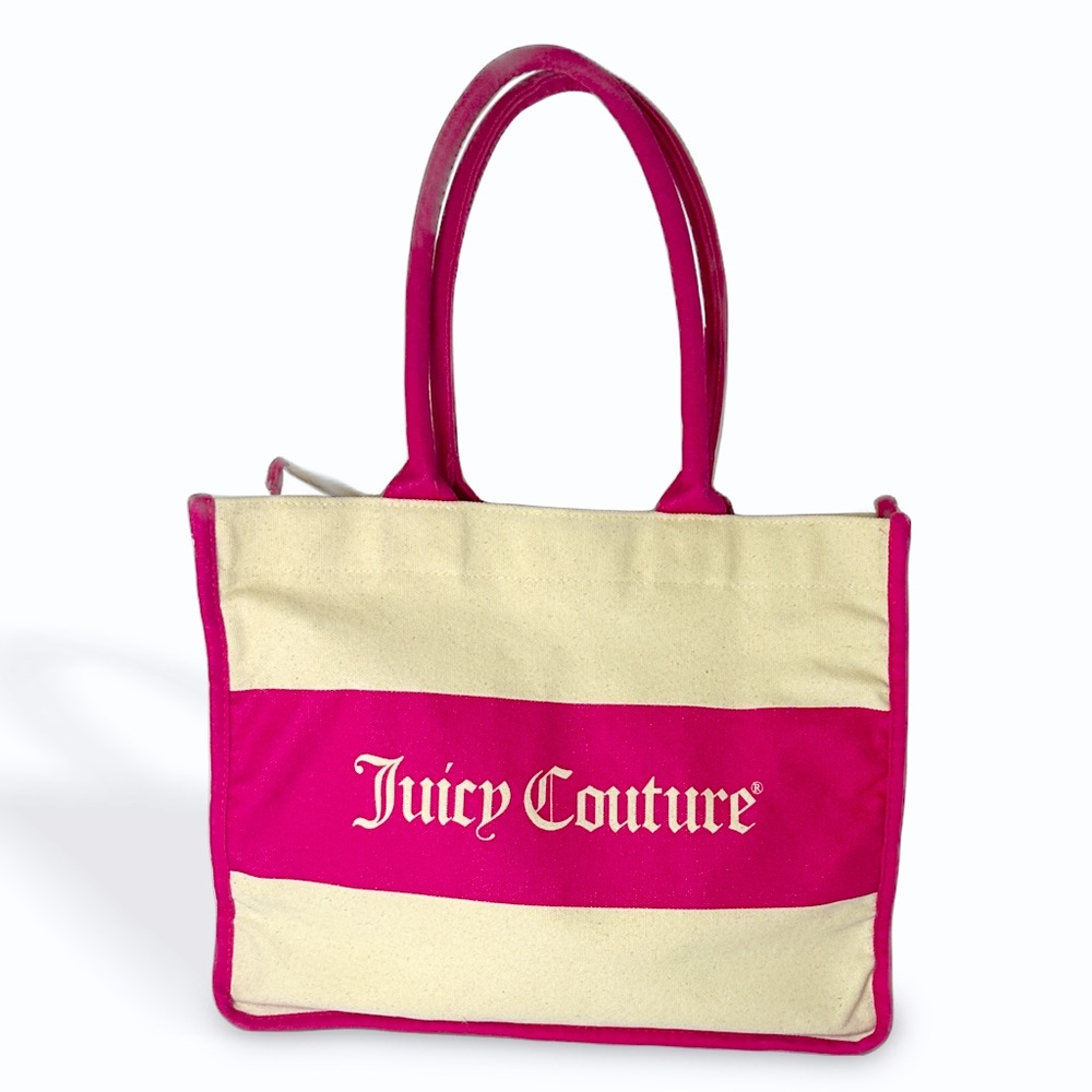 JUICY COUTURE Canvas Graphic Logo Tote Bag Cream and Hot Pink with Pink Lining